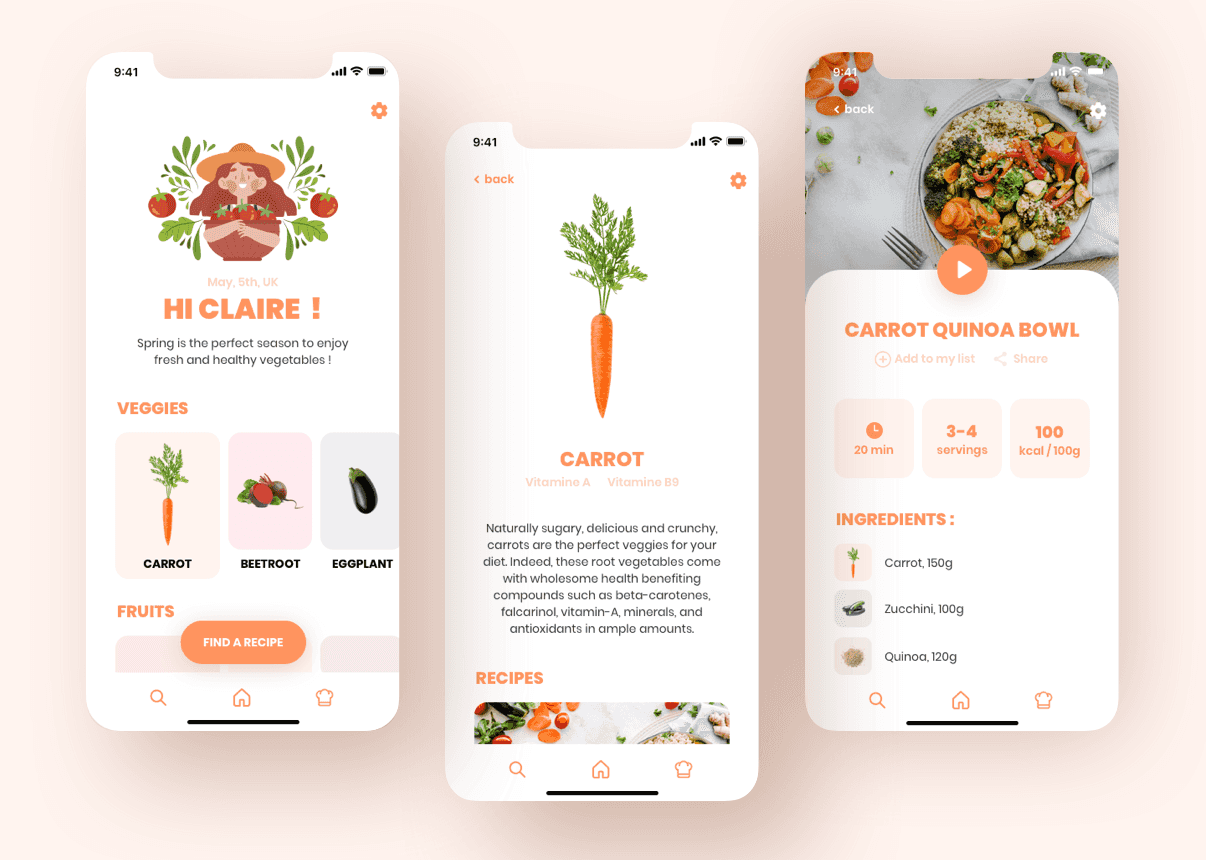 Another design concept for an app that lets you explore and learn more about in-season vegetables and fruits.