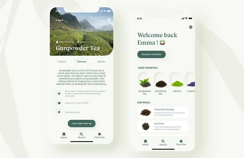 A design concept for an app that helps you find the perfect tea for your taste.